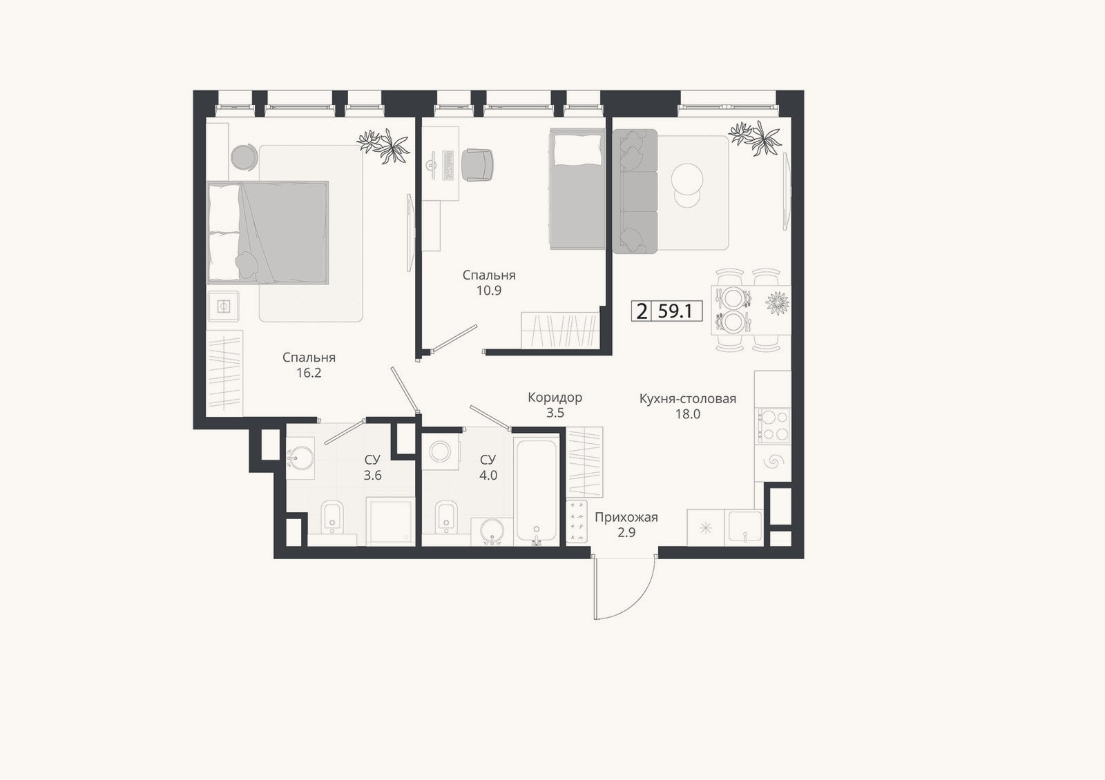 Планировка: 3-к, 59,1 м²