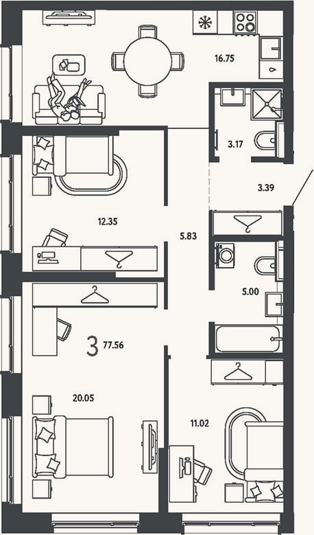 Планировка: 3-к, 77,6 м²