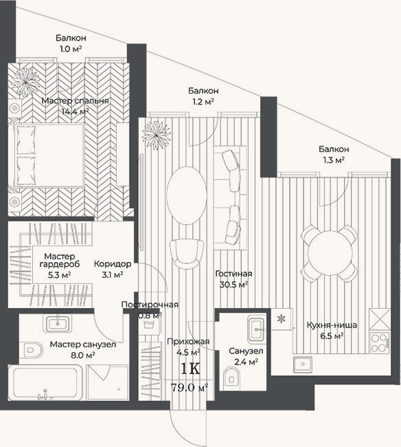 Планировка: 2-к, 75,5 м²