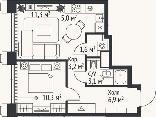 Планировка: 2-к, 41,4 м²