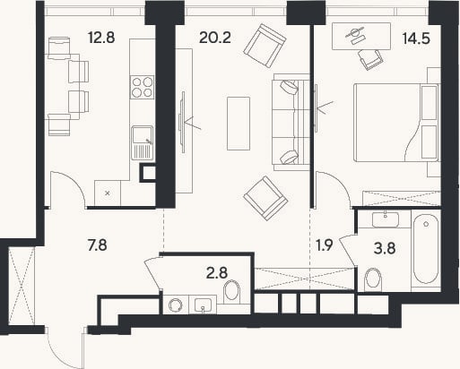 Планировка: 2-к, 63,8 м²