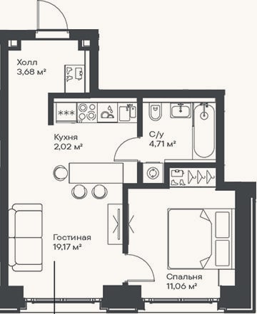 Планировка: 2-к, 40,6 м²