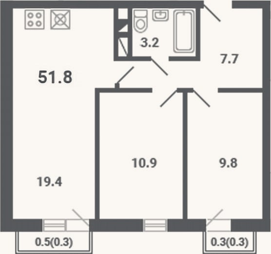Планировка: 2-к, 51 м²