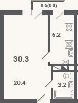 Планировка: 1-к, 29,8 м²