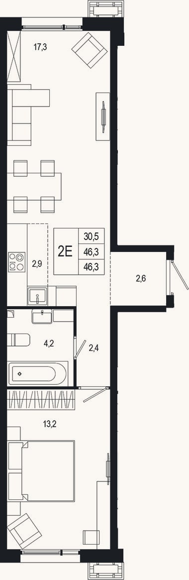 Планировка: 2-к, 47,8 м²