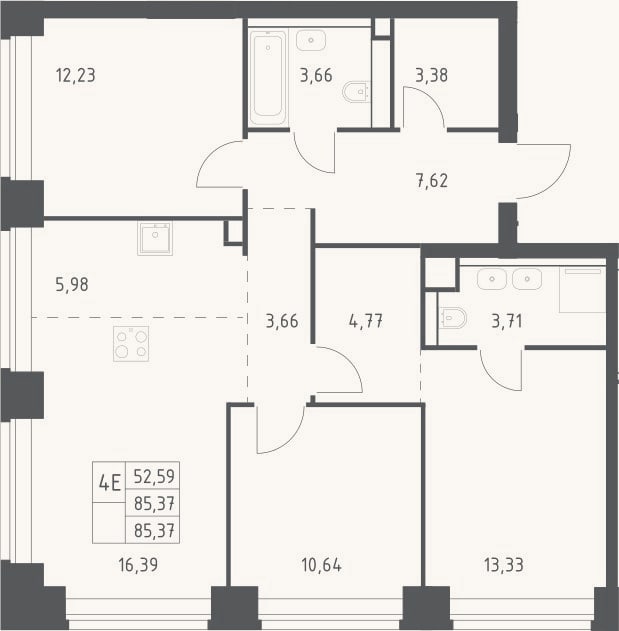 Планировка: 4+ к, 85,4 м²