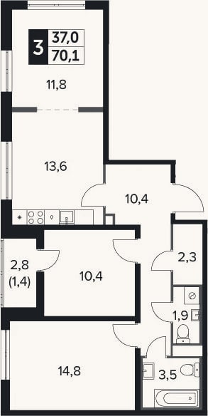 Планировка: 3-к, 69,7 м²