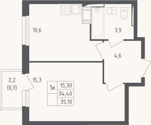 Планировка: 1-к, 34,4 м²