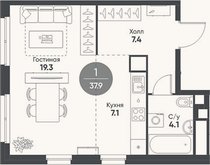 Планировка: Студия, 37,9 м²