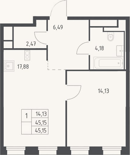 Планировка: 2-к, 45,2 м²