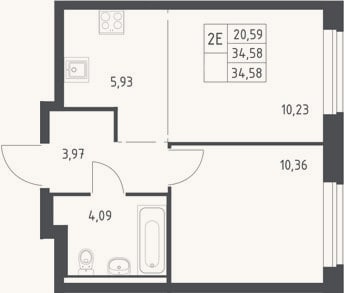 Планировка: 2-к, 34,6 м²