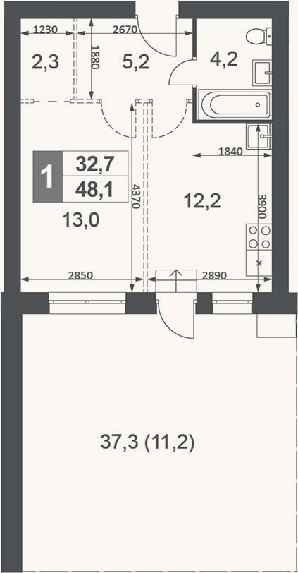 Планировка: 1-к, 36,9 м²