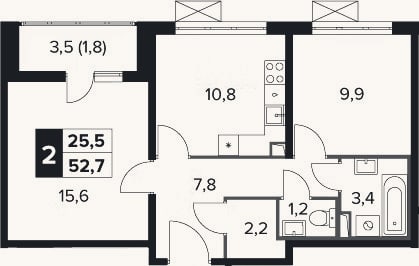 Планировка: 2-к, 50,9 м²