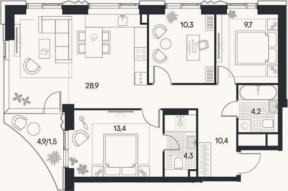 Планировка: 4+ к, 81,1 м²