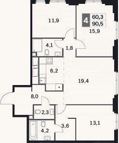 Планировка: 4+ к, 90,5 м²