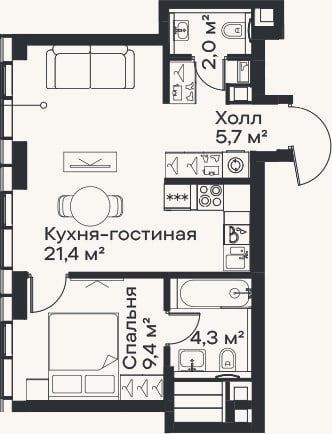 Планировка: 2-к, 42,8 м²