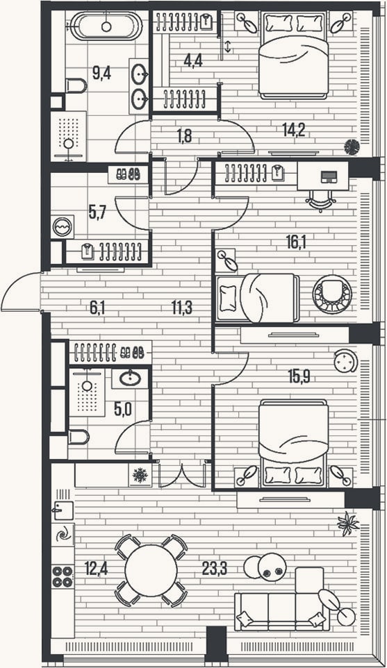 Планировка: 4+ к, 125,6 м²
