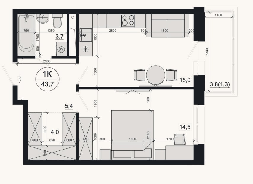 Планировка: 1-к, 42,4 м²