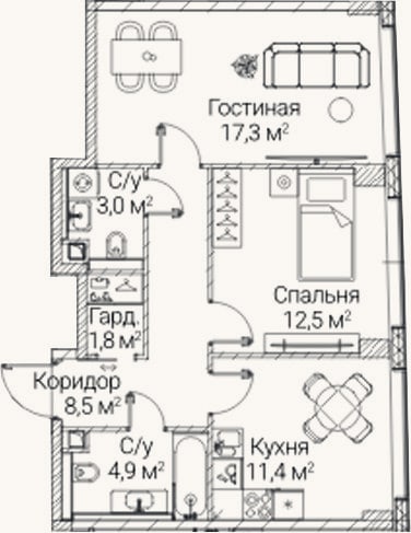 Планировка: 2-к, 59,4 м²