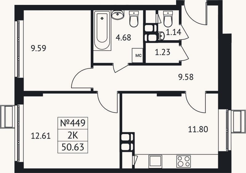 Планировка: 2-к, 50,6 м²