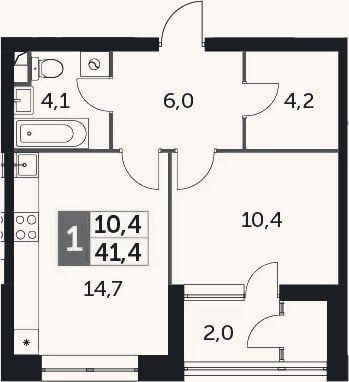 Планировка: 1-к, 40,7 м²