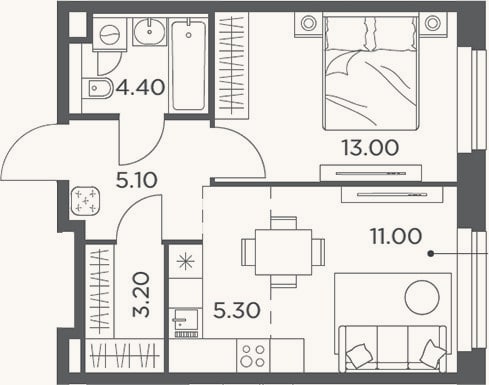 Планировка: 2-к, 42 м²
