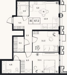 Планировка: 3-к, 67,2 м²
