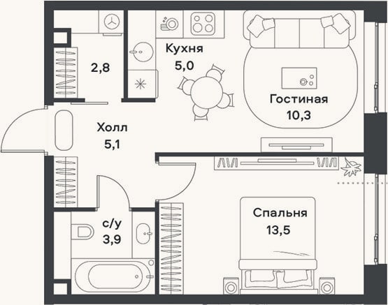 Планировка: 2-к, 40,6 м²