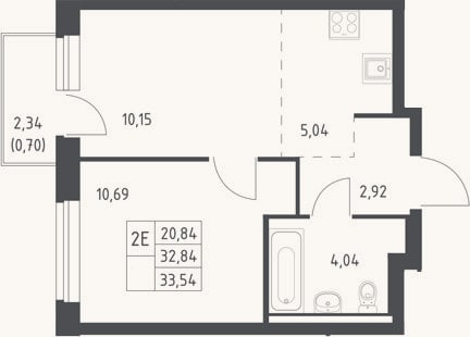 Планировка: 2-к, 32,8 м²