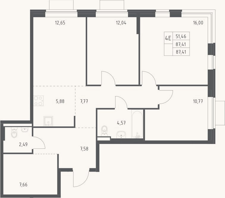 Планировка: 4+ к, 87,4 м²
