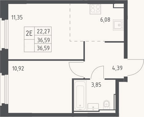 Планировка: 2-к, 36,6 м²