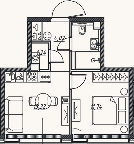 Планировка: 2-к, 34,2 м²