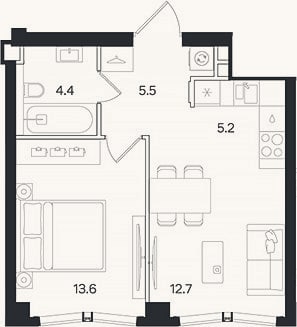 Планировка: 2-к, 41,4 м²