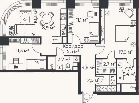 Планировка: 4+ к, 84,1 м²