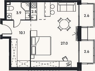 Планировка: Студия, 43,5 м²