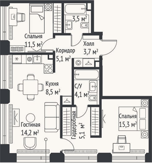 Планировка: 3-к, 70,9 м²
