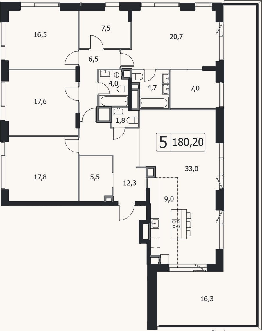 Планировка: 4+ к, 163,9 м²