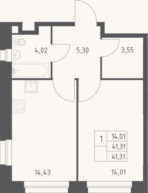 Планировка: 1-к, 41,3 м²