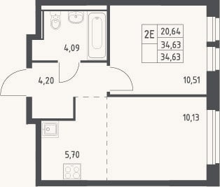 Планировка: 2-к, 34,6 м²