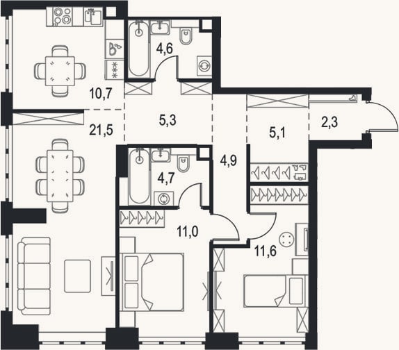 Планировка: 3-к, 81,7 м²