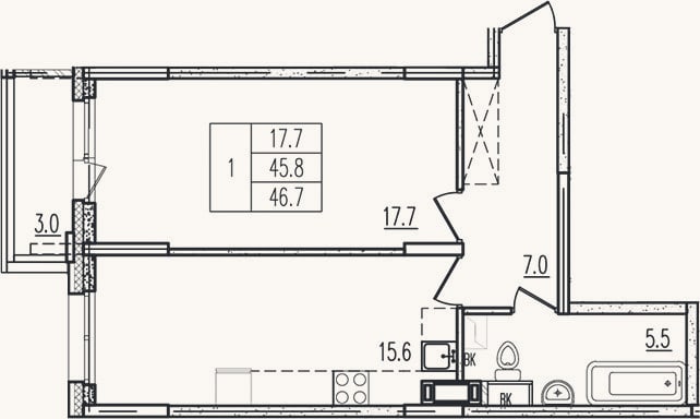Планировка: 1-к, 45,8 м²