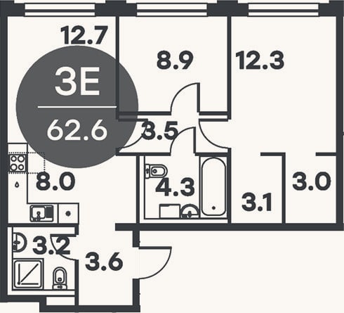 Планировка: 3-к, 62,6 м²