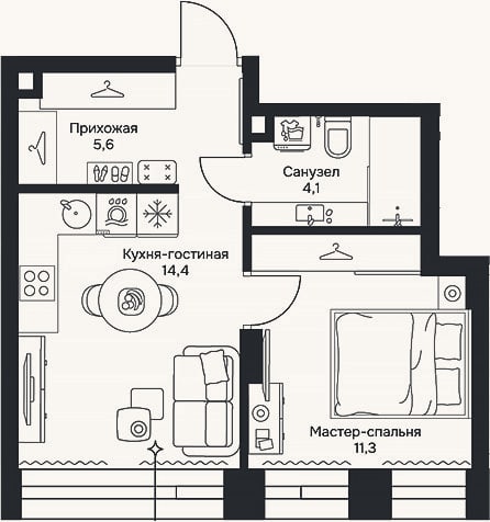Планировка: 2-к, 35,4 м²
