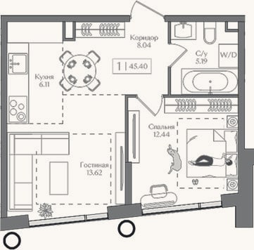 Планировка: 2-к, 45,4 м²