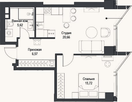 Планировка: 2-к, 48,6 м²