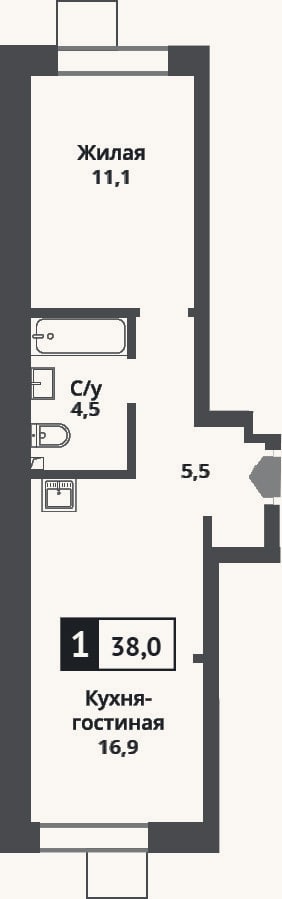 Планировка: 2-к, 38 м²