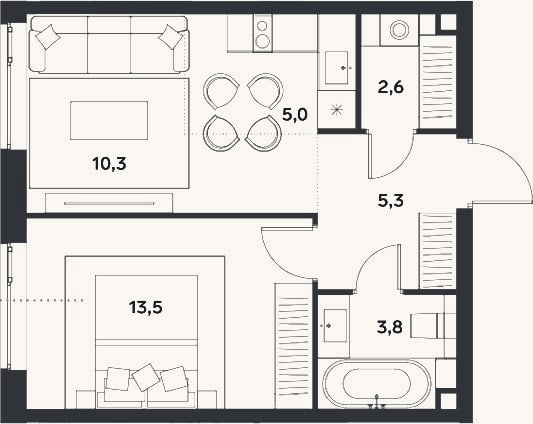 Планировка: 2-к, 40,5 м²