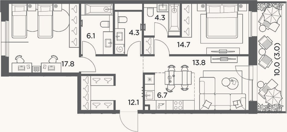 Планировка: 3-к, 79,8 м²