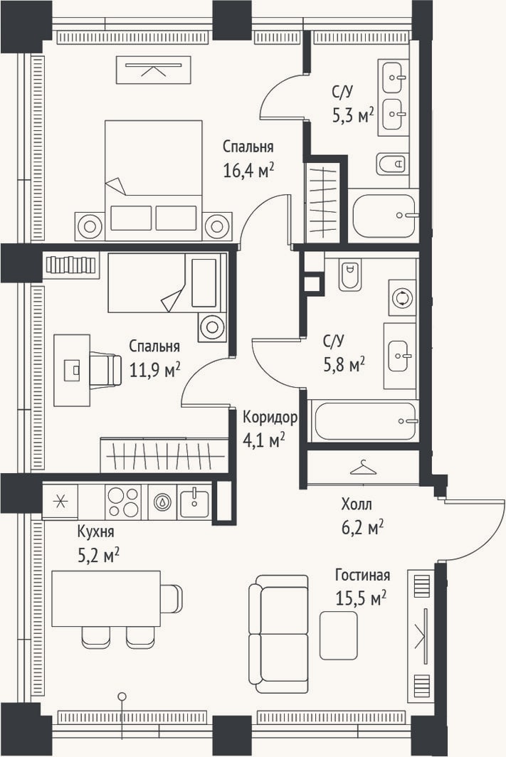 Планировка: 3-к, 70,4 м²