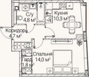 Планировка: 1-к, 35,6 м²